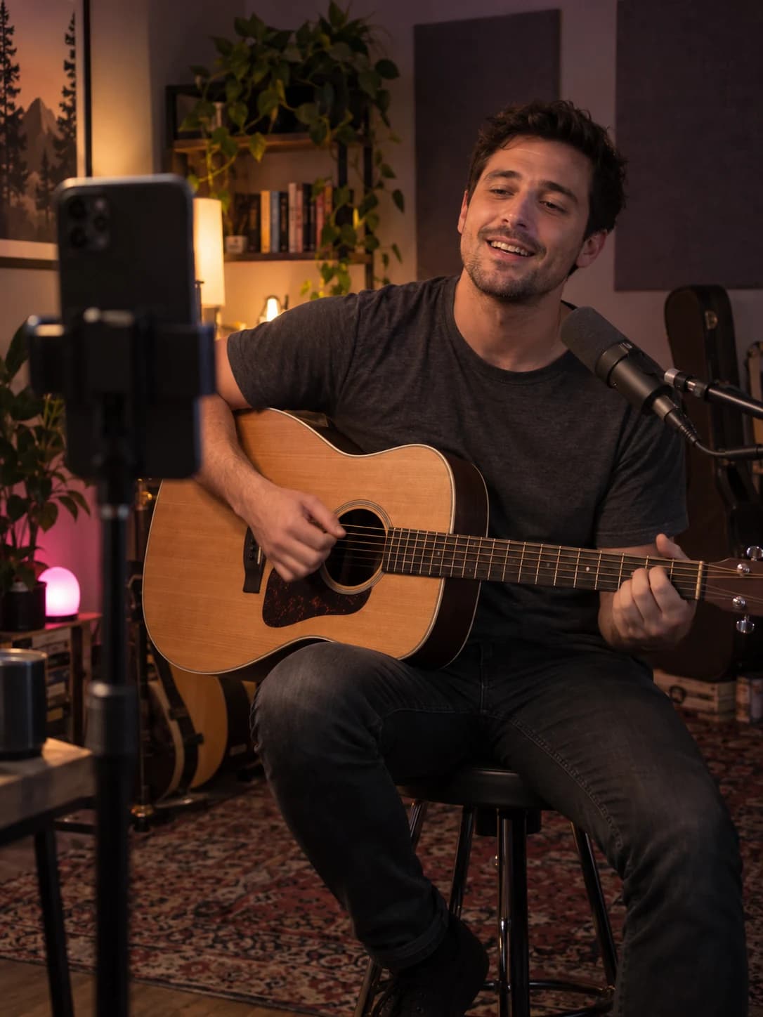 Musician performing an acoustic session into a phone in his home studio